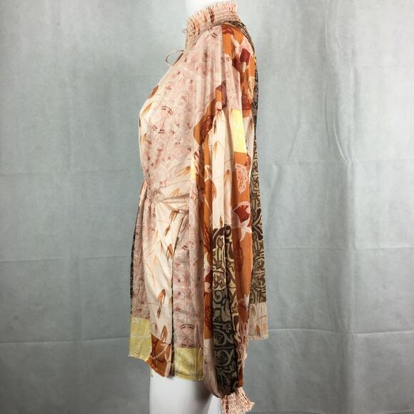 Zara Shirt Womens Sz L Pink Beige Floral Knit Turtleneck Blouson Tunic Top Boho - Picture 4 of 10